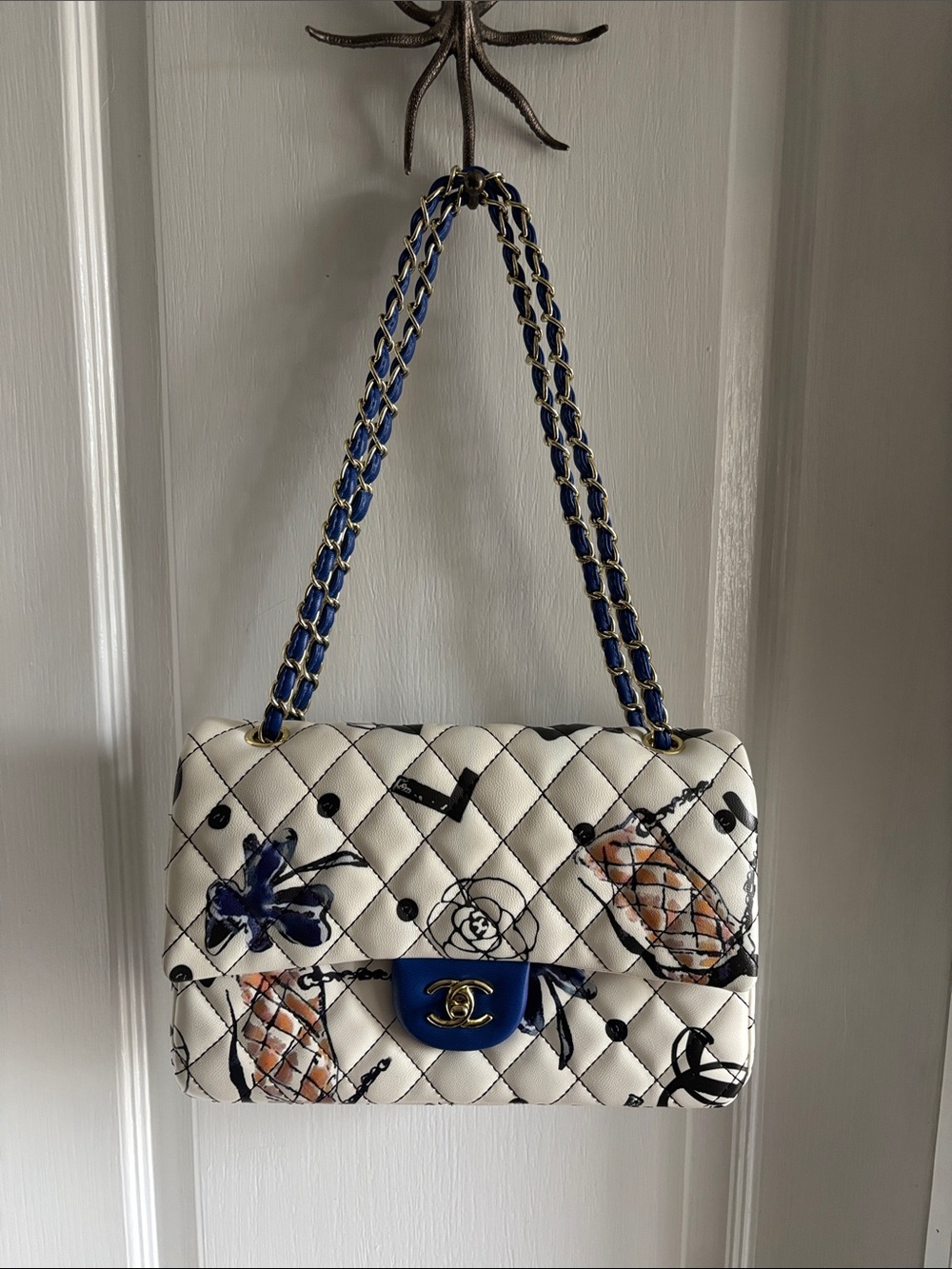 White Quilted Floral-Print Shoulder Bag with Blue Accents